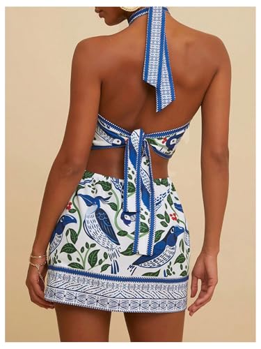MakeMeChic Women's Boho Mini Dress Summer Beach Vacation Halter Dresses Floral Sundress