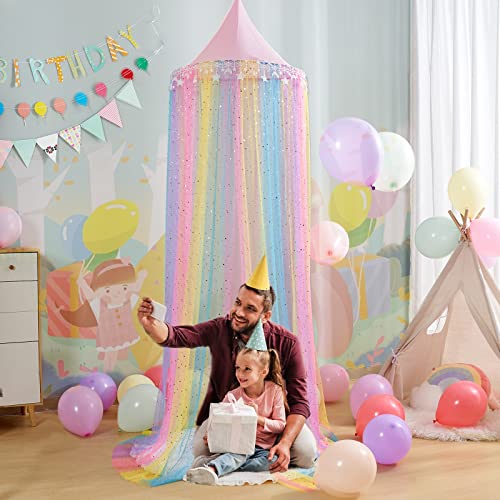 MOOZHEALTH Rainbow Bed Canopy for Girls,Shiny Kids Princess Round Dome Bed Curtain with Star Moon Glitter,Kids Crib Canopy...