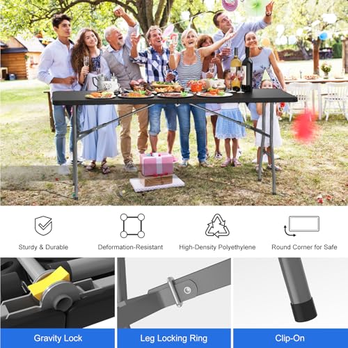 IWDOO Foldable Table 6ft, Plastic Folding Table, Portable Heavy Duty Dining Tables with Lock Function & Carrying Handle, O...