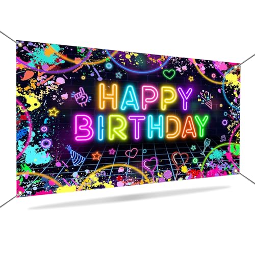 Mocsicka Neon Birthday Backdrop Banner Glow in The Dark Neon Birthday Party Decorations Glow Graffiti Splatter Photography...
