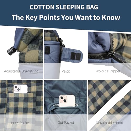 Mountainlodge 100% Cotton Shell and Lining Sleeping Bag for Adult Cold Weather with Compression Bag&Carry Bag for Camping,...