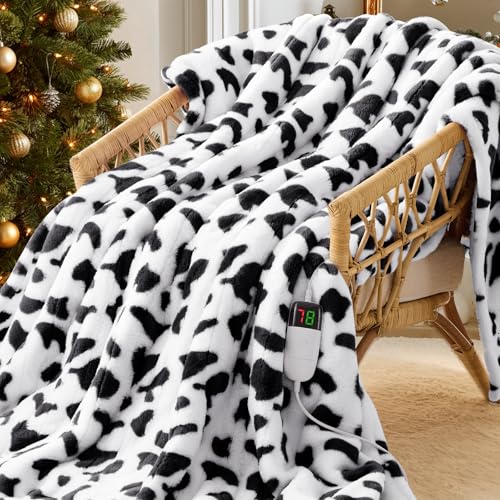 Black Heated Electric Blanket Throw,50X60 Cow Print Heating Blanket with 10 Heats Levels & 8 Hours Auto Off,Cute Cow Decor...