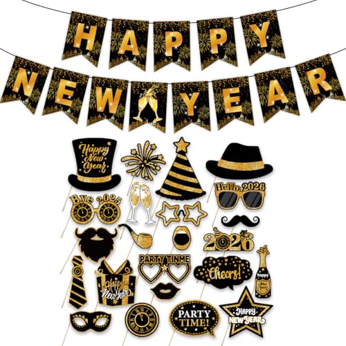 Happy New Years Banner Photo Booth Props 2026 Kits- New Years Decorations Party Suplies Decor Funny Cute Holiday Selfie Su...