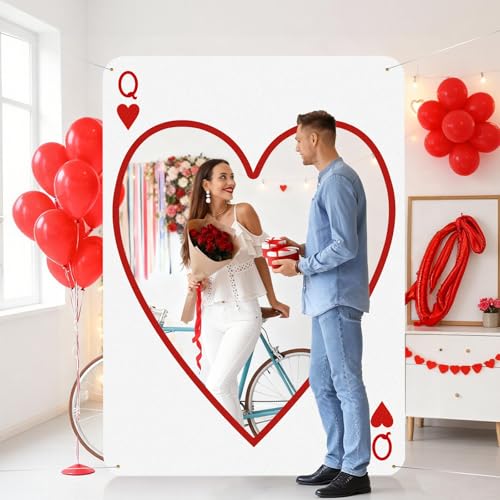 Aurelema 2m Large Valentine's Day Photo Booth Props Party Decoration Stand Poker Player Cards Backdrop Red Heart Cutout Va...