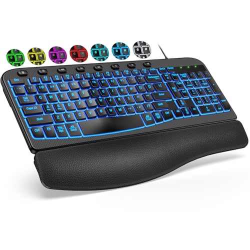 SABLUTE Ergonomic Keyboard, USB Wired with Cushioned Wrist & Palm Rest, 7-Color Backlit Adjustable Brightness for Windows,...