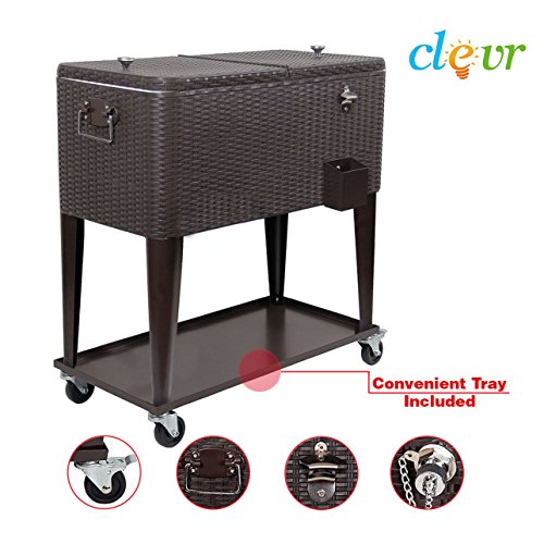 80 Quart Qt Rolling Cooler Ice Chest Cart for Outdoor Patio Deck Party, Dark Brown Wicker Faux Rattan Tub Trolley, Portabl...
