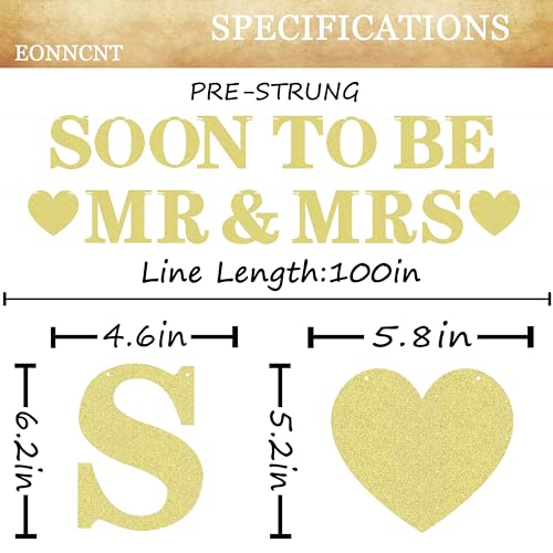 Pre-strung Soon to Be Mr & Mrs Banner - Gold Glitter Bridal Shower Decorations for Wedding, Engagement or Bachelorette Par...