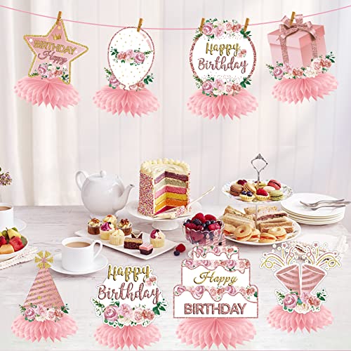 Aodocuto Pink Rose Gold Birthday Decorations Floral Honeycomb Centerpieces for Women Girls, 8pcs Floral Birthday Table Cen...