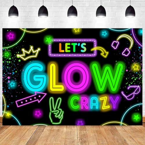 Wollmix Neon Glow Party Decorations Supplies Backdrop 10x7ft Glow in The Dark Let’s Glow Banner Photography Background Bir...