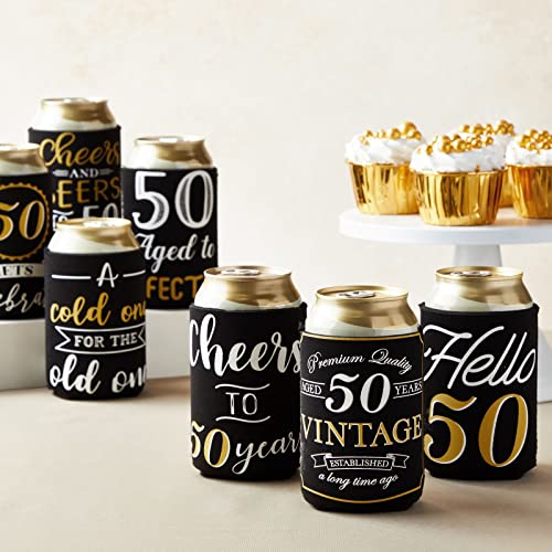 Sparkle and Bash 50th Birthday Can Cooler Sleeves - Medium, Black & Gold, 12-Pack - Insulated Neoprene Holder for 12 Oz Ca...