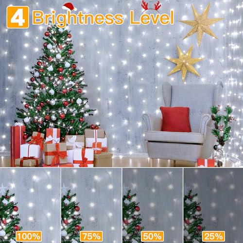 Ollny Curtain Lights 6.6x6.6ft, 200 LED White Christmas Lights with Remote 8 Modes Dimmable Timer, USB Power String Light ...