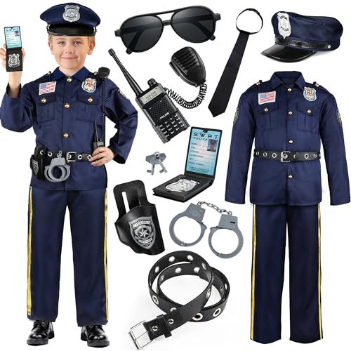 Police Officer Costume for Kids, Cop Costume Outfit Set with Toy Accessories, Halloween Costumes for Boys