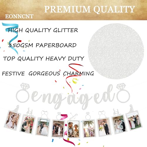 Pre-Strung Engaged Photo Banner - Silver Glitter Engagement Party Decoration Supplies with Romantic Memories Picture Card ...