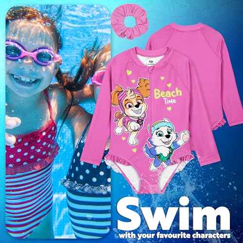 Paw Patrol Girls Swimsuit Long Sleeve Pink One Piece Bathing Suit for Girls with Scrunchie