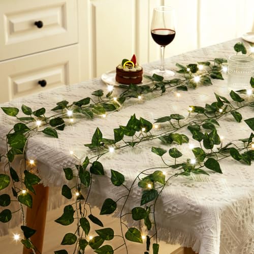 CEWOR 24 Pack 173ft Fake Ivy Vines, Artificial Ivy Garland with 200 LED String Lights, Hanging Plants Greenery Backdrop Gr...