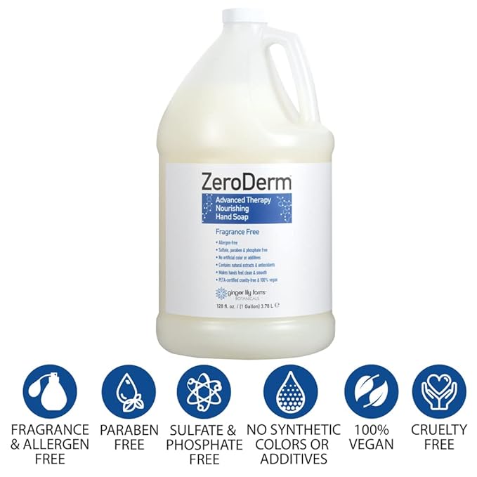 Ginger Lily Farms Botanicals ZeroDerm Advanced Therapy Nourishing Liquid Hand Soap Refill 100% Vegan Cruelty-Free Fragrance-Free, Unscented, 128 Fl Oz