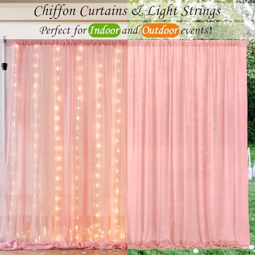 Wish Care 10ft x 10ft Baby Pink Chiffon Backdrop Curtain with Lights String for Parites Wedding Wrinkle Free Curtain Photo...