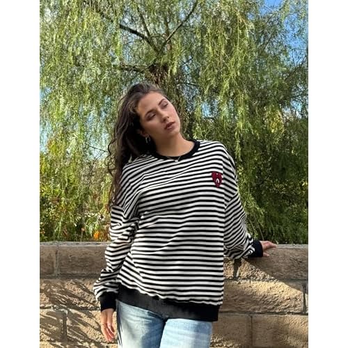 Aelfric Eden Oversized Sweatshirt for Women Crewneck Striped Sweatshirt Preppy Shirts Y2K Tops
