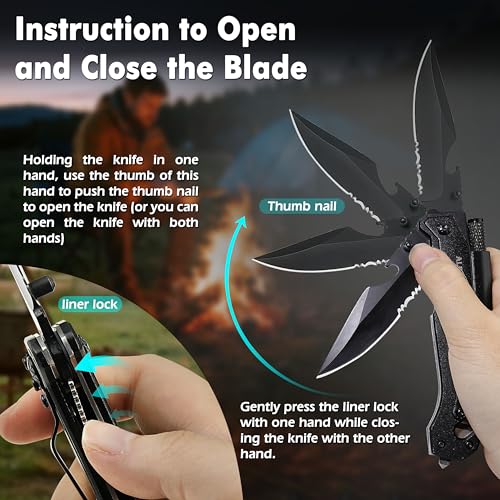 7-in-1 Tactical Survival Knife - Glass Breaker, Seatbelt Cutter, Serrated Steel Blade, Firestarter, LED Flashlight, Bottle...
