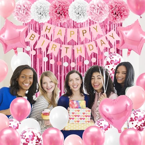 Iysoll Pink Birthday Party Decorations for Girls Women Happy Birthday Banner Light Pink and White Balloons party decor Pom...