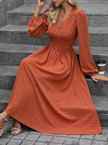 Mettclasi Women's Spring Fall Swiss Dot V Neck Maxi Dress Casual Puff Long Lantern Sleeve A-Line Flowy Dress