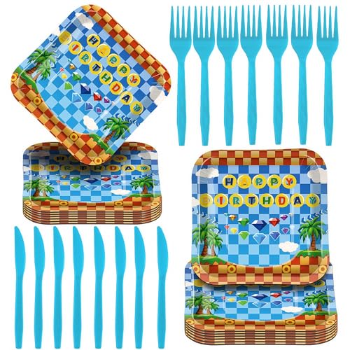 60 Pcs Hedgehog Birthday Party Supplies,Video Game Themed Decorations, Plates, Forks, Games, and Favors for Kids' Celebration