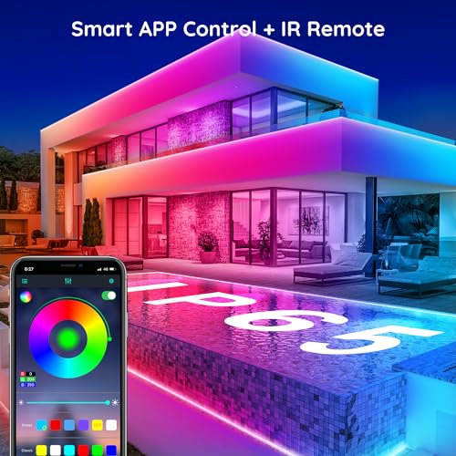FBZ 60Ft Outdoor Waterproof LED Strip Lights,Music Sync RGB IP65 Led Lights with App Control and Remote,Color Changing Wat...