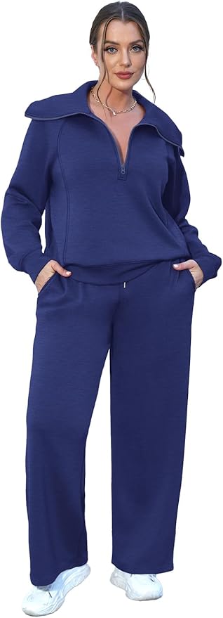 XIEERDUO Lounge Sets For Women 2025 Half Zip Sweatshirt And Wide Leg Sweatpant 2 Piece Outfits Sweatsuit Tracksuit