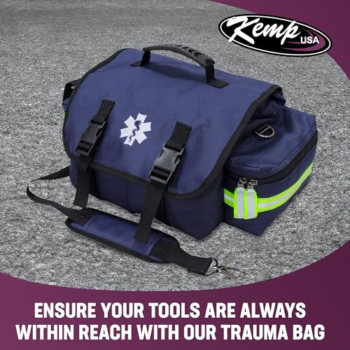 Kemp USA EMT First Responder Trauma Bag, Navy Blue, First Aid & Survival Gear with High-Visibility Reflectors, Rapid Medic...