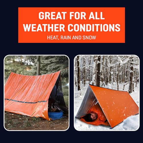 Emergency Survival Tent Life Shelter 2 Person Mylar Tube Tents Tarp with Whistle & Paracord Year-Round All Weather Protect...