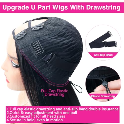 U Part Wigs With Drawstring for Women Straight Human Hair Wigs 200% Density U Part Human Hair Wigs Can Be Dyed and Bleached(#1B Natural Black, 20 inch)