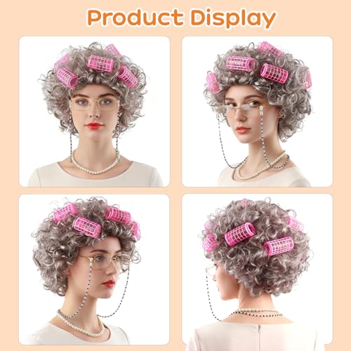 RSOEUG Old Lady Costume for Women, 5 PCS Kids 100 Days of School Grandma Wig Costume Halloween Girls Adults Cosplay Access...