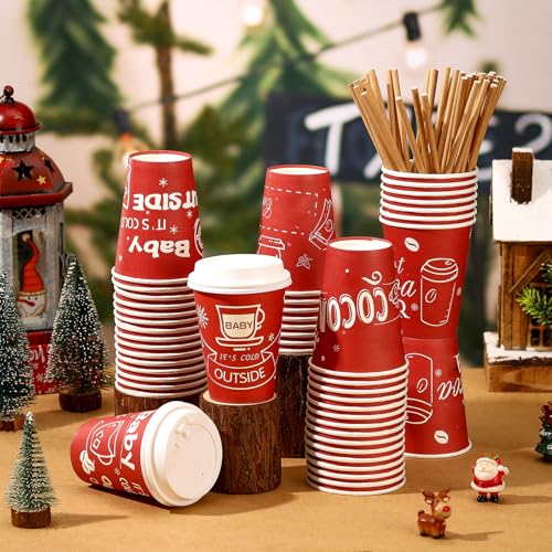 Suttmin 48 Pcs 12 oz Hot Cocoa Bar Disposable Coffee Cups Christmas It's Cold Outside Tea Paper Cup with Lid and Straw for...
