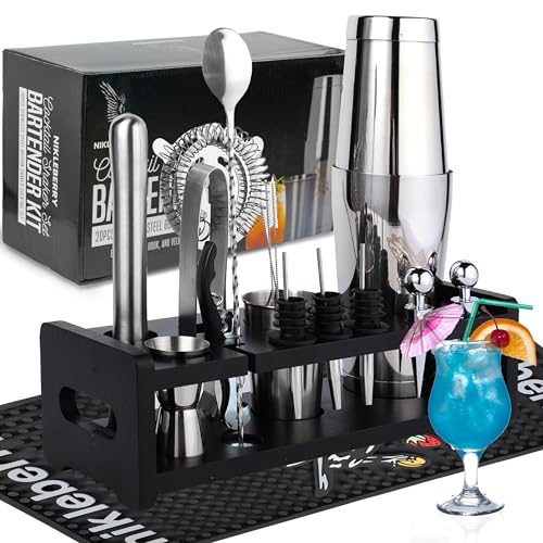 Nikleberry Premium 20 Piece Cocktail Shaker Set with Weighted Boston Shaker and Stand | Bartender Kit with Large Spill Cat...