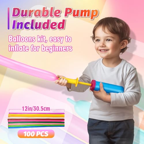 100 Pcs 260Q Balloons Kit with Pump - Kids Premium Latex Twisting Long Balloons to Make Animals Flowers, Fun Rainbow Ballo...