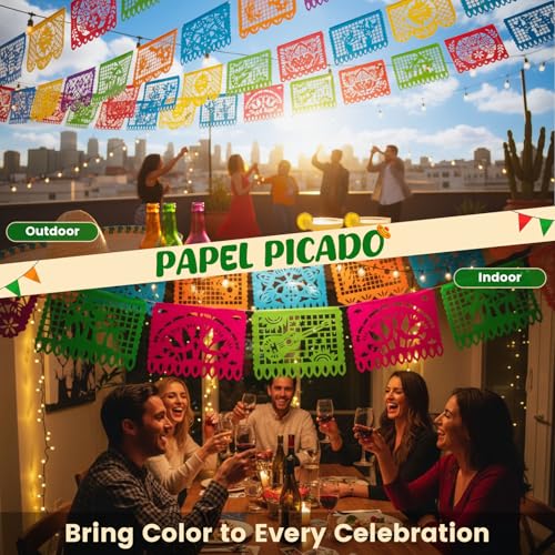 DomeStar Mexican Party Decoration, 18 Feet Plastic Papel Picado Fiesta Banner Cinco de Mayo Garland for Mexican Birthday P...