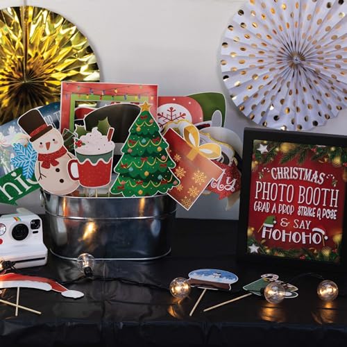 Christmas Photo Booth Props - 41-pc Photobooth Kit with 8 x 10-Inch Sign, 60 Adhesive Pads, 45 Sticks - Christmas Photoboo...