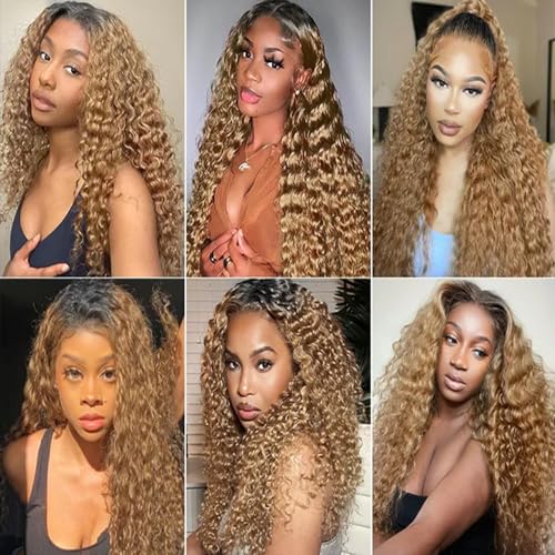 1B/27 Honey Blonde Bundles Ombre Deep Wave Bundles Human Hair Brazilian Two Tone Black and Blonde 3 Bundles Ombre Blonde Deep Wave Bundles Hair Weave for Black Women (20 22 24 Inch)