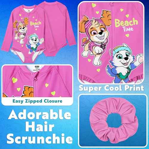 Paw Patrol Girls Swimsuit Long Sleeve Pink One Piece Bathing Suit for Girls with Scrunchie