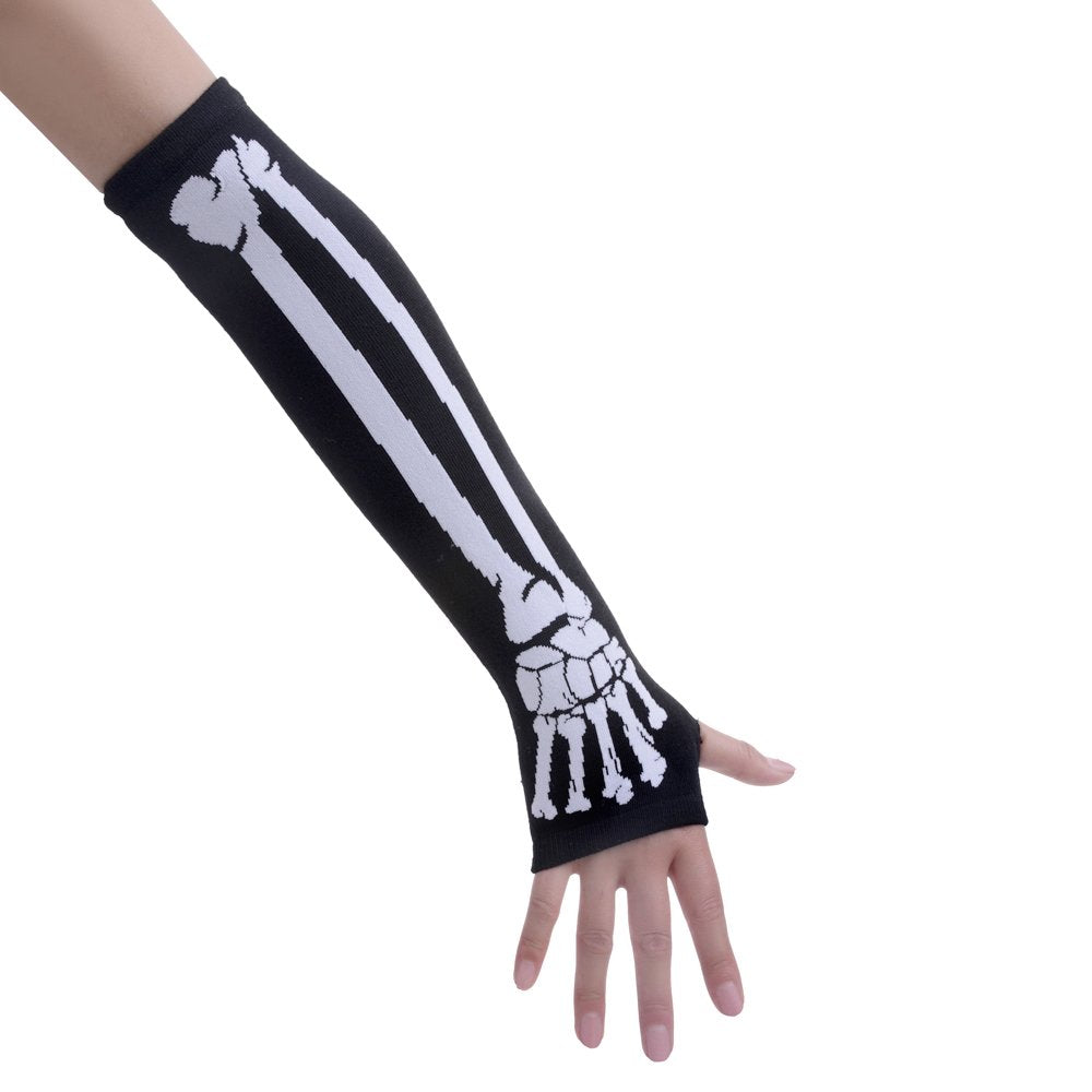 JISEN Women Punk Winter Arm Warmer Knitted Stretchy Soft Fingerless Gloves White Skeleton