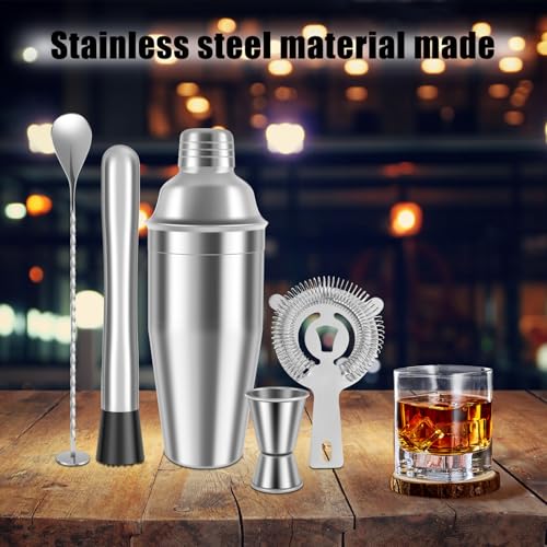 5Pcs Cocktail Shaker Kit Stainless Steel Shaker Set with 18Oz Shaker Reusable Cleaning Shaker Cocktail Making Set Ice Stra...