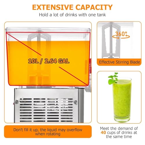 Commercial 10L (2.64 Gal) Stainless Steel Beverage Dispenser, 180W Iced Tea/Juice/Drink Machine With Food Grade Materials ...