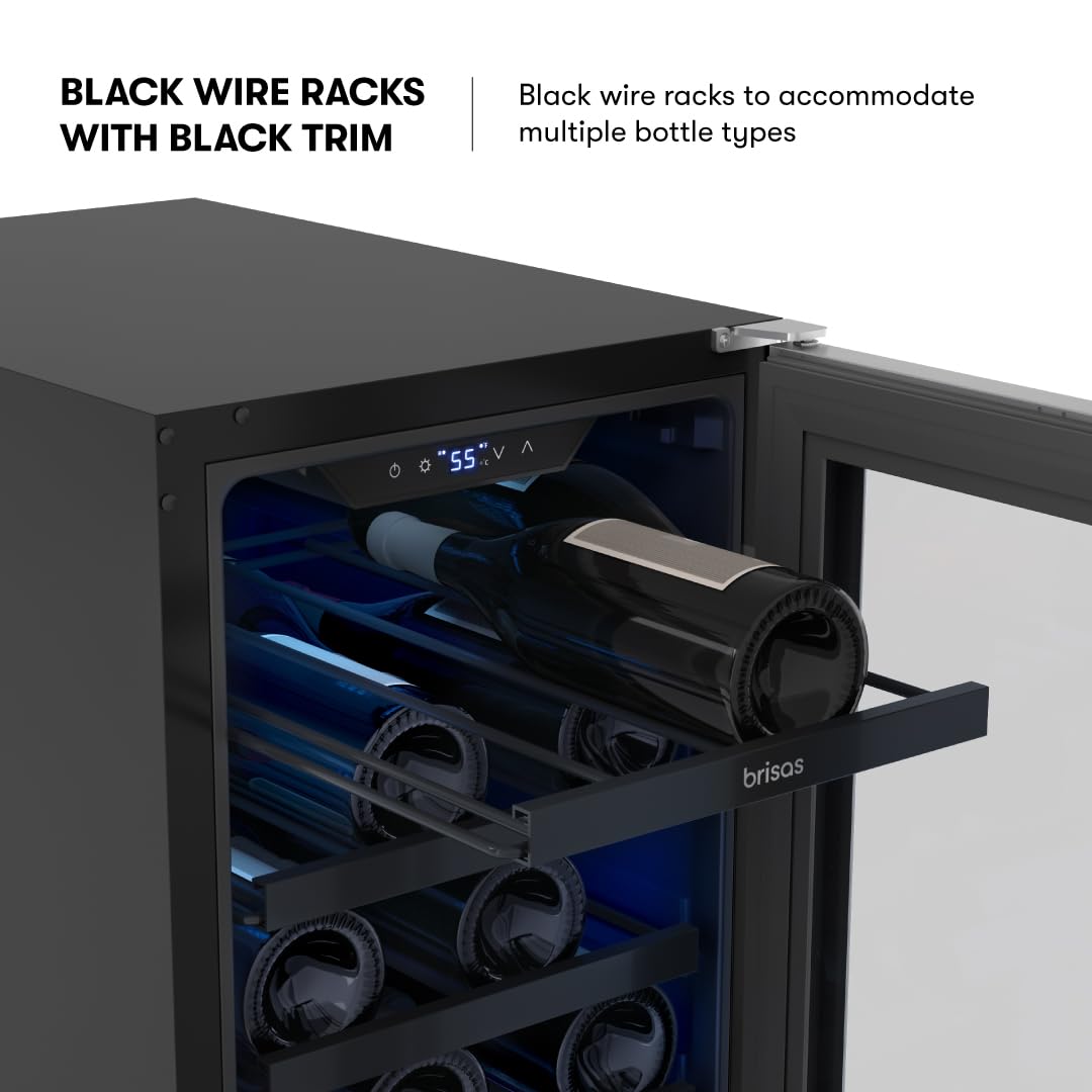 Zephyr Brisas 15 Inch Slim Wine Fridge Single Zone Under Counter - Narrow Mini Wine Cooler Small Cabinet Wine Refrigerator Home Bar Freestanding with Glass Door - 28 x 750ml Bottles