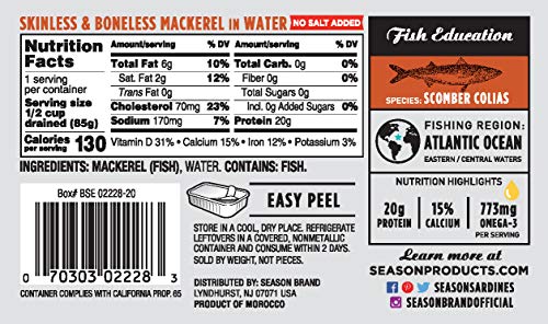 Season Mackerel in Water - Skinless & Boneless, No Salt Added, Wild Caught, Keto Snacks, Canned Mackerel Fillets, Full of ...