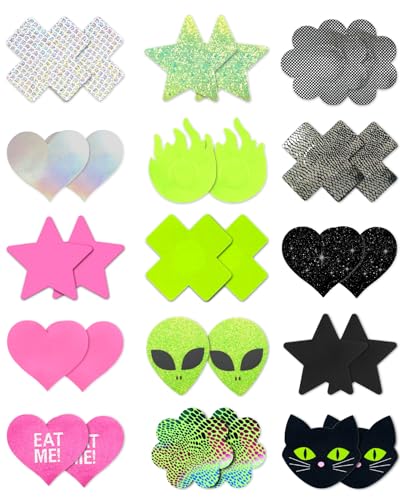 CICKEE Pasties Rave Pack - Nipple Covers Stickers - Disposable Sticky Breast Petals - 15 Pairs