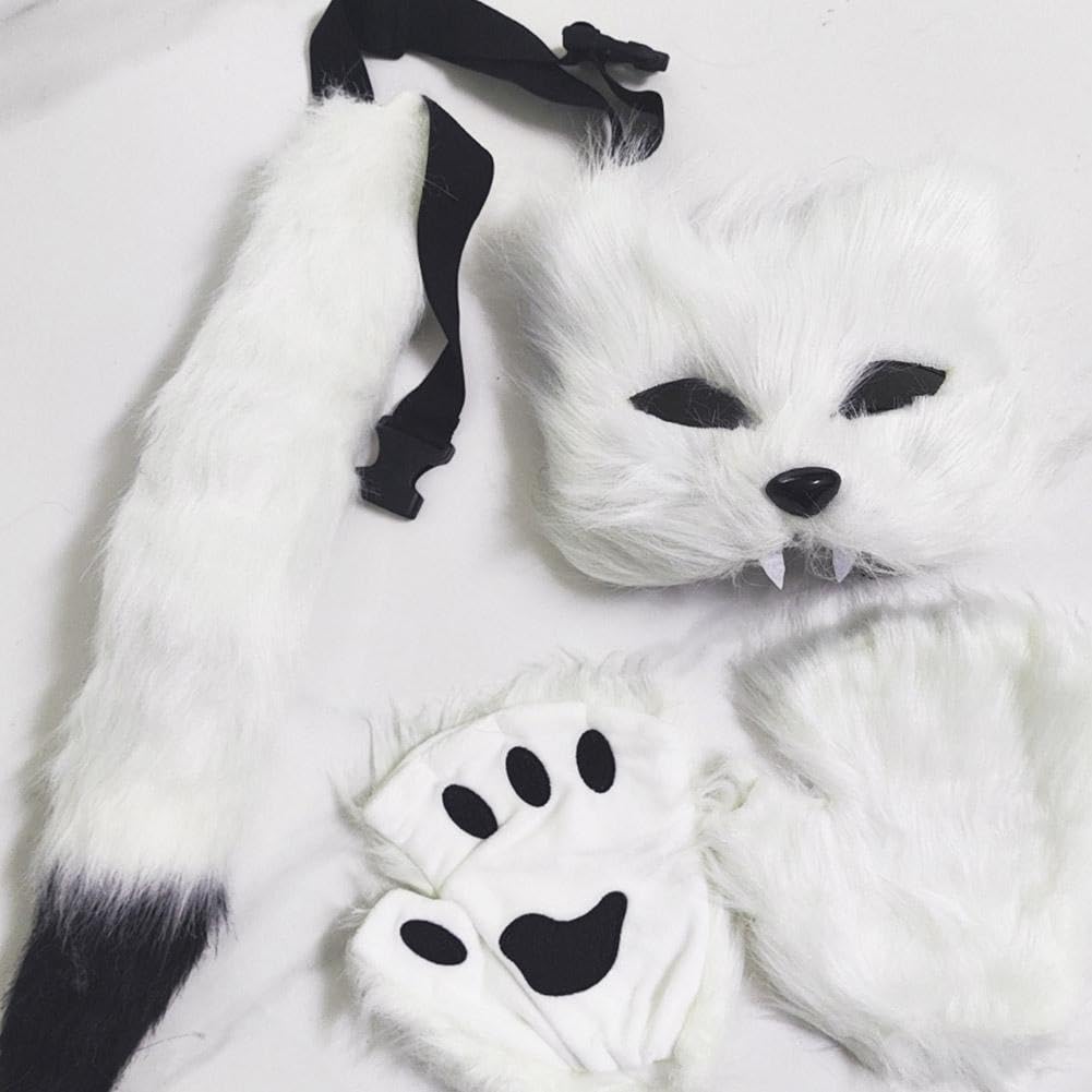 Faux Fur Cat Wolf Mask Tail and Gloves Set Furry Paw Gloves Costume Cosplay Animal for Halloween Christmas Party