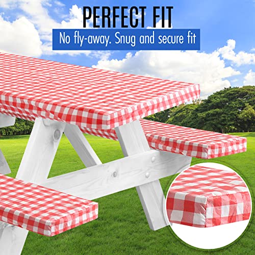 LINPRO Premium Picnic Table Cover with Bench Covers Vinyl Fitted Picnic Table Covers with Elastic RV Camping Accessories a...
