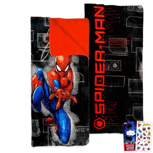 Marvel Spiderman Slumber Bag Set for Boys - Bundle of 54x56 Inches Spider-Man Sleeping Bag, Stickers, More | Spiderman Sil...