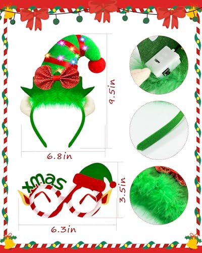 Dkomekii Christmas Elf Headband Light Up LED Elf Hat Headband Glowing with Ears for Xmas Costume Party