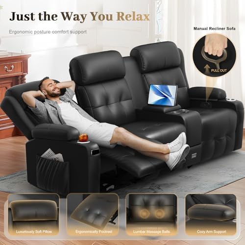 Aotolo Recliner Sofa, 3 Seater Massage Reclining Loveseat Sofa Sets, 1 Single Power Recliner Chairs Heat & Massage, Heavy Weight Capacity, RV Clearance Love Seat Couch with Console, USB, Type C Port